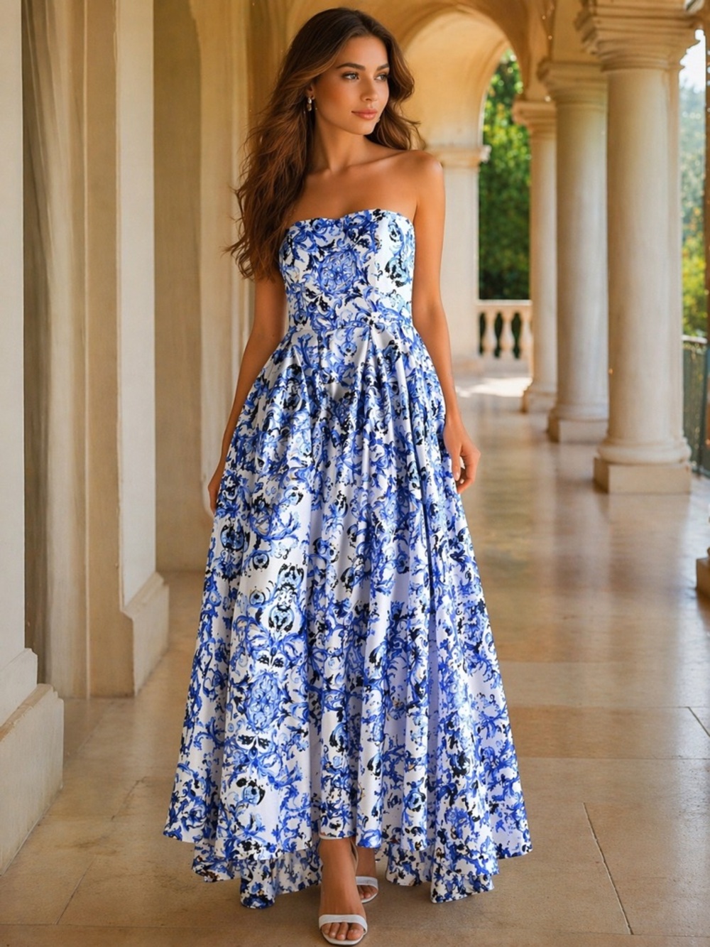 Betsy & Adam Strapless Blue White Ball Gown Dress Sz 4 Formal